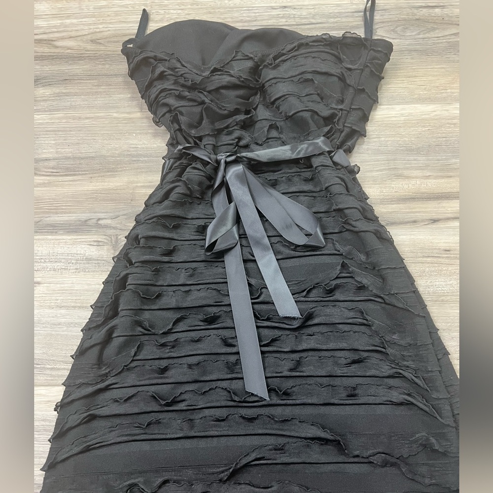 Yuka Black ruffle soft elegant ribbon tie dress says large fits better smedium